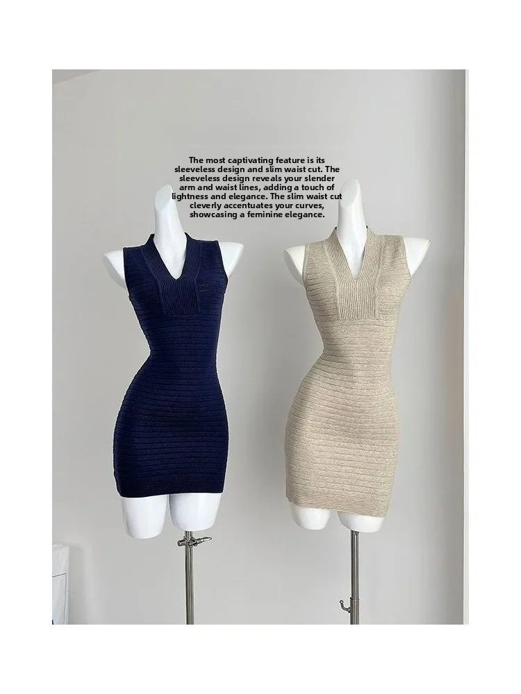 กระโปรงทรงสลิมฟิตเซ็กซี่ V-Ne ถัก Dr เอวสูงฤดูร้อนใหม่ Sle Ladylike Sle ห่อรอบ Bodycon Dr