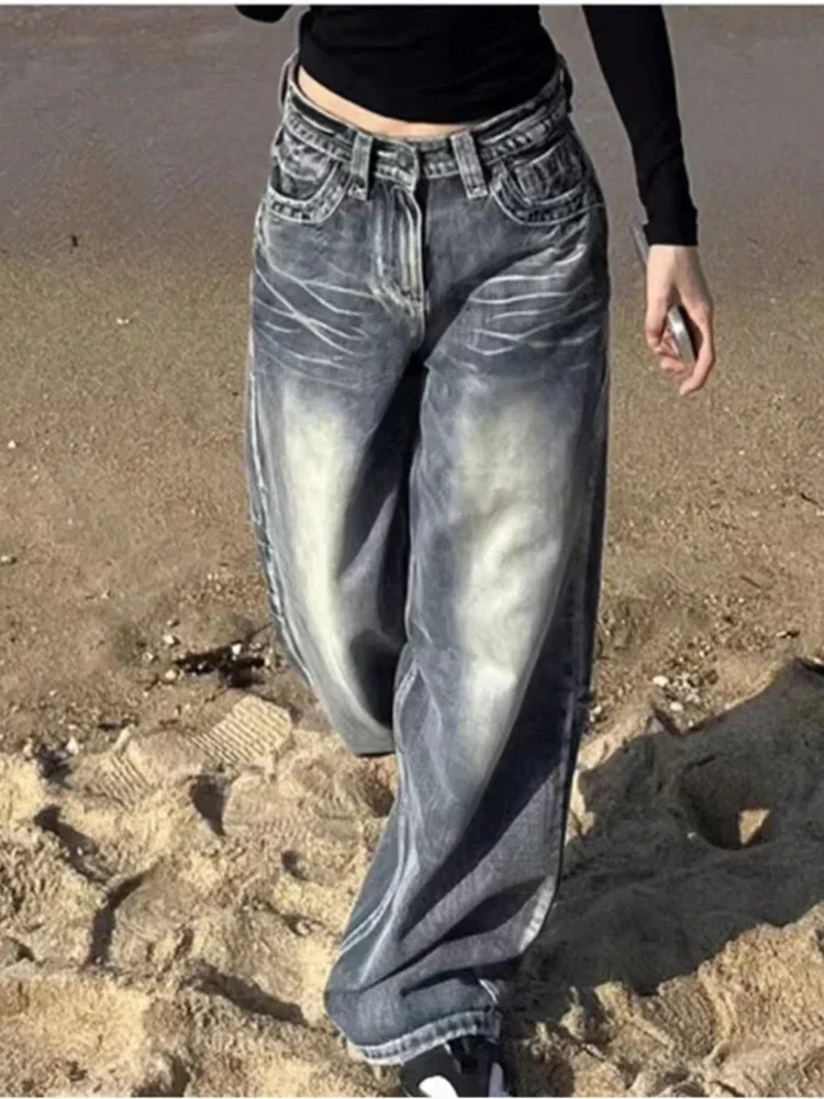 

Autumn Fashion Retro Women's Loose Wide Legged Blue Jeans American Retro Casual Straight Tube Floor Dragging Denim Pants
