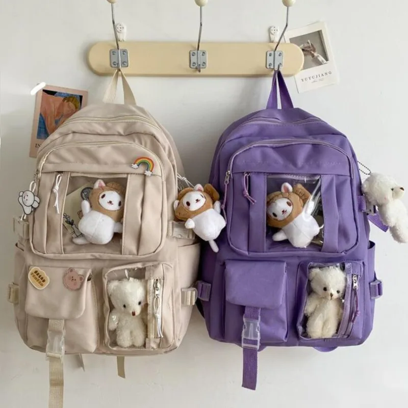 Teddy Bear Badge Backpack Korean Japanese  Chic Ins Junior High School Student Bag Girl Backpack Large Capacity Student Backpack