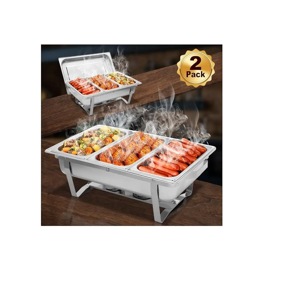 8 Quart Chafing Dish, Stainl Steel Catering Serve Chafer, Restaurant Food Warmer, Rectangular Buffet Stove With 3 1/3 Size Food