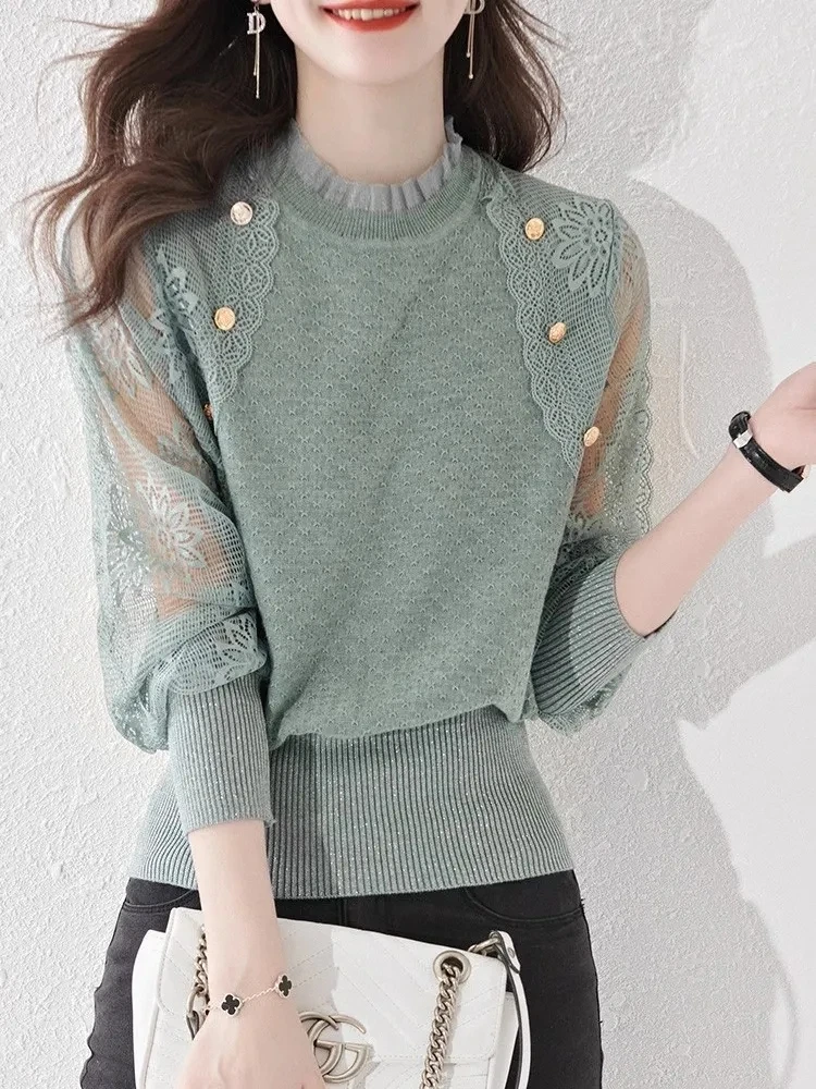 Sweet Floral Lace Spliced Blouse Fashion Hollow Out Female Clothing Solid Color O-Neck Spring Autumn Long Sleeve Knitted Shirt