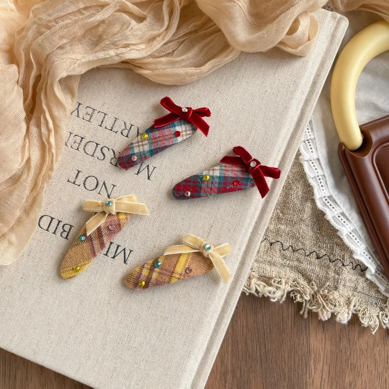 

Sweet Rhinestone Plaid Teardrop Bow Hair Barrettes for Teen Girls Versatile Side Bangs Clips Cute Non Slip No Damage Daily Wear