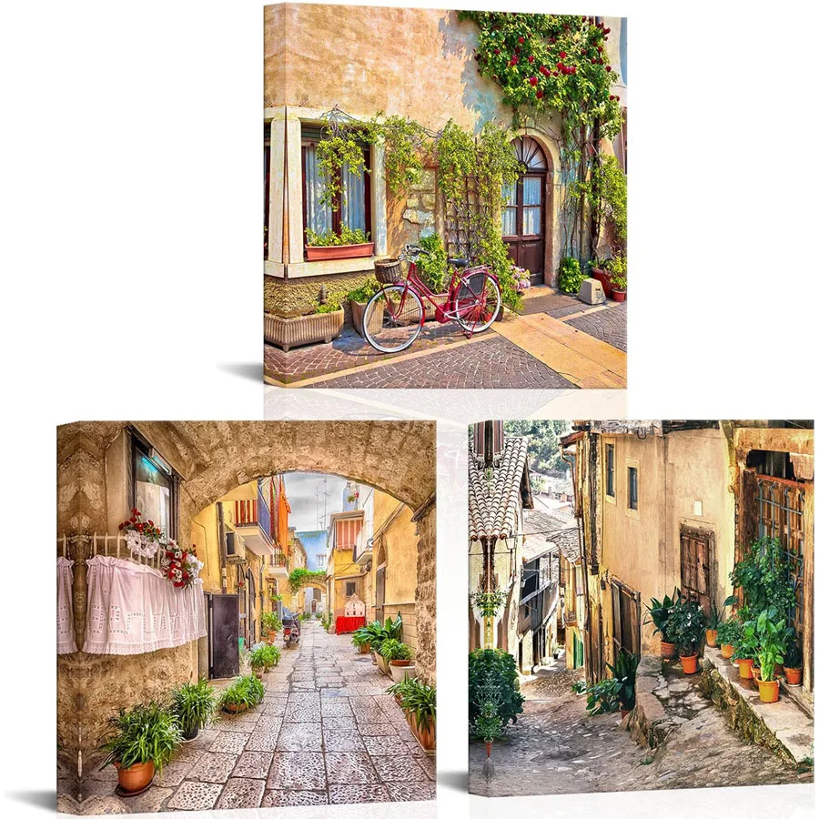 3 pieces of Mediterranean diamond painting wall art living room, retro Italian village landscape, modern color painting mosaic