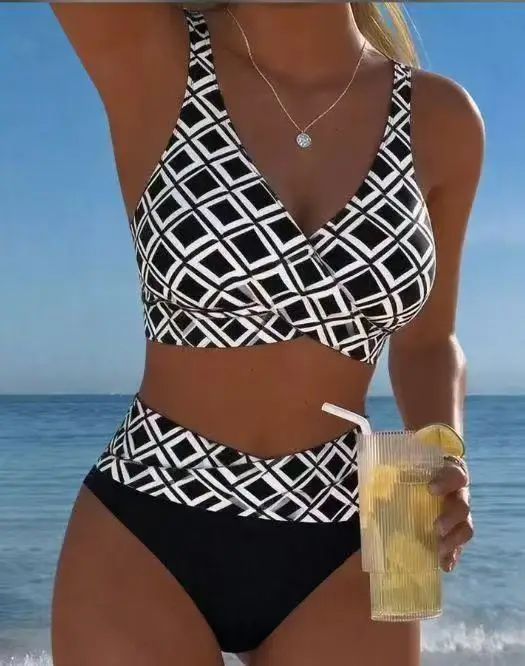 Women Vertical Stripe Patchwork Bikini Set Wrap Front V Neck Tank Swimwears High Waist Bikini Summer Beach Bathing Suit Swimsuit