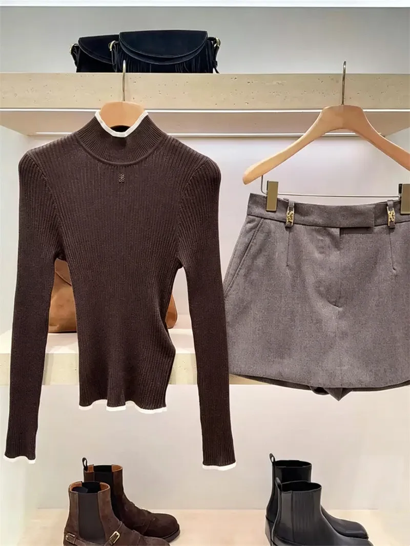 Pit Stripes Women Stand Collar Contrast Color Sweater Fall Winter Lady Half Turtleneck Slim Fit Fashion Pullover