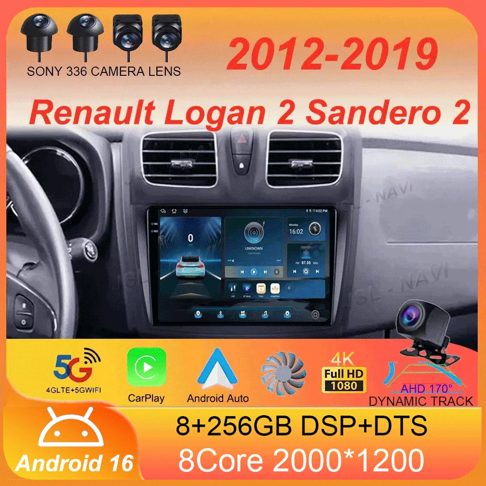 For Renault Logan 2 Sandero 2 2012-2019 Car Radio Android 16 Carplay Auto 2K Screen Multimedia Player Autoradio Stereo Head Unit