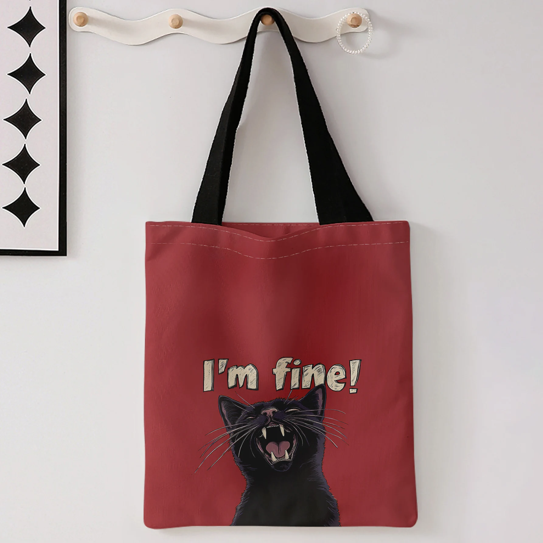 I'm Fine Screaming Black Cat Print Tote Bag Large Capacity Shoulder Bag For Shopping Travel Daily Use