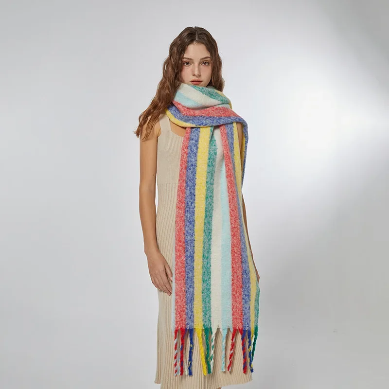 

2023Winter Rainbow Vertical Stripe Soft and Sticky Imitation Cashmere Women's Scarf with Cold Resistant Large Shawl Feeling Neck