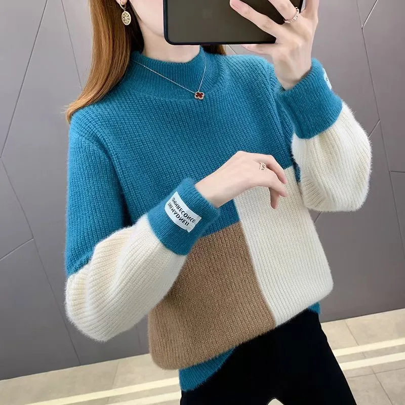 New Autumn/Winter Fashion Thickened Contrast Color Half High Neck Mink Fleece Loose and Versatile Women\'s Long Sleeve Sweater