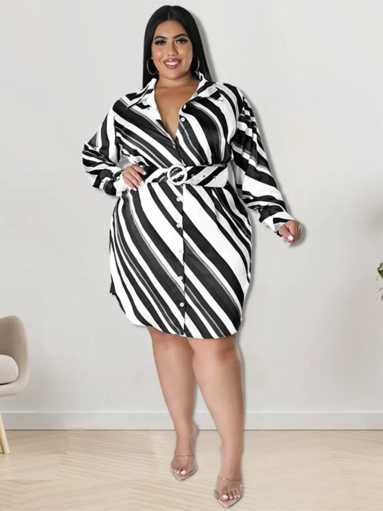 Plus Size Autumn Striped Print Midi Shirt Dress Women Loose Fashion Irregular Long Sleeve Ladies Dresses Casual Woman Dress 2023