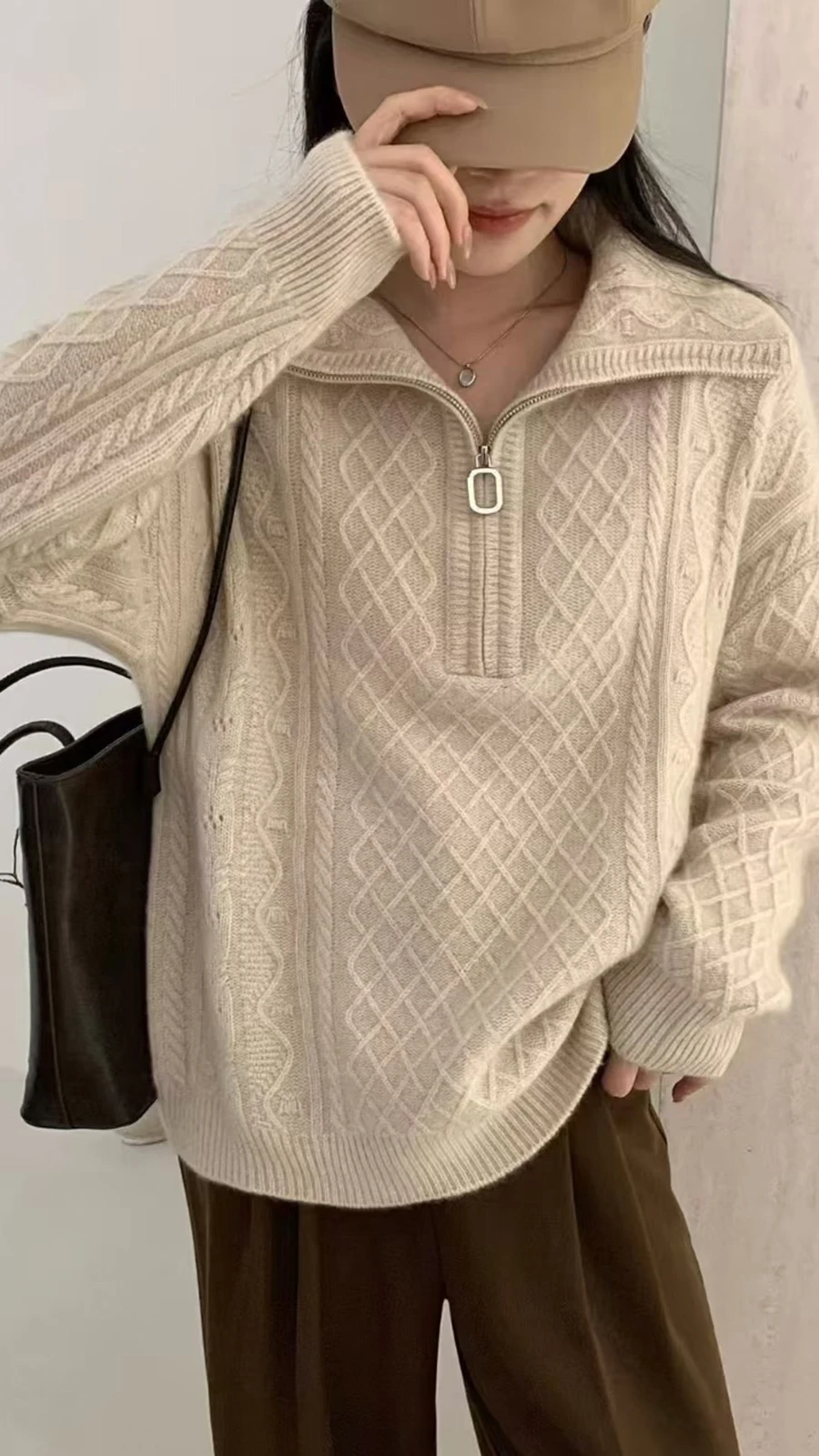 Novo pulôver de luxo feminino 100% lã merino meio zip volta cor sólida malha solta pele amigável confortável outono inverno topo quente