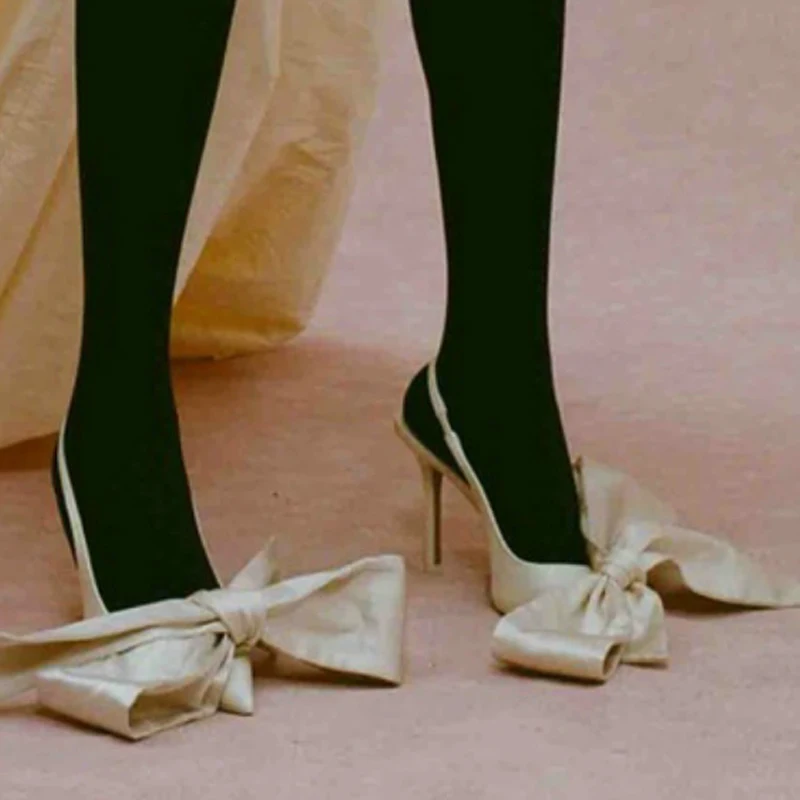 

Pointed Toe Big Bow Slip-On Stiletto Sandals Woman Summer 2025 Closed Toe Slingback Rear Strap High Heel Shoes Fashion