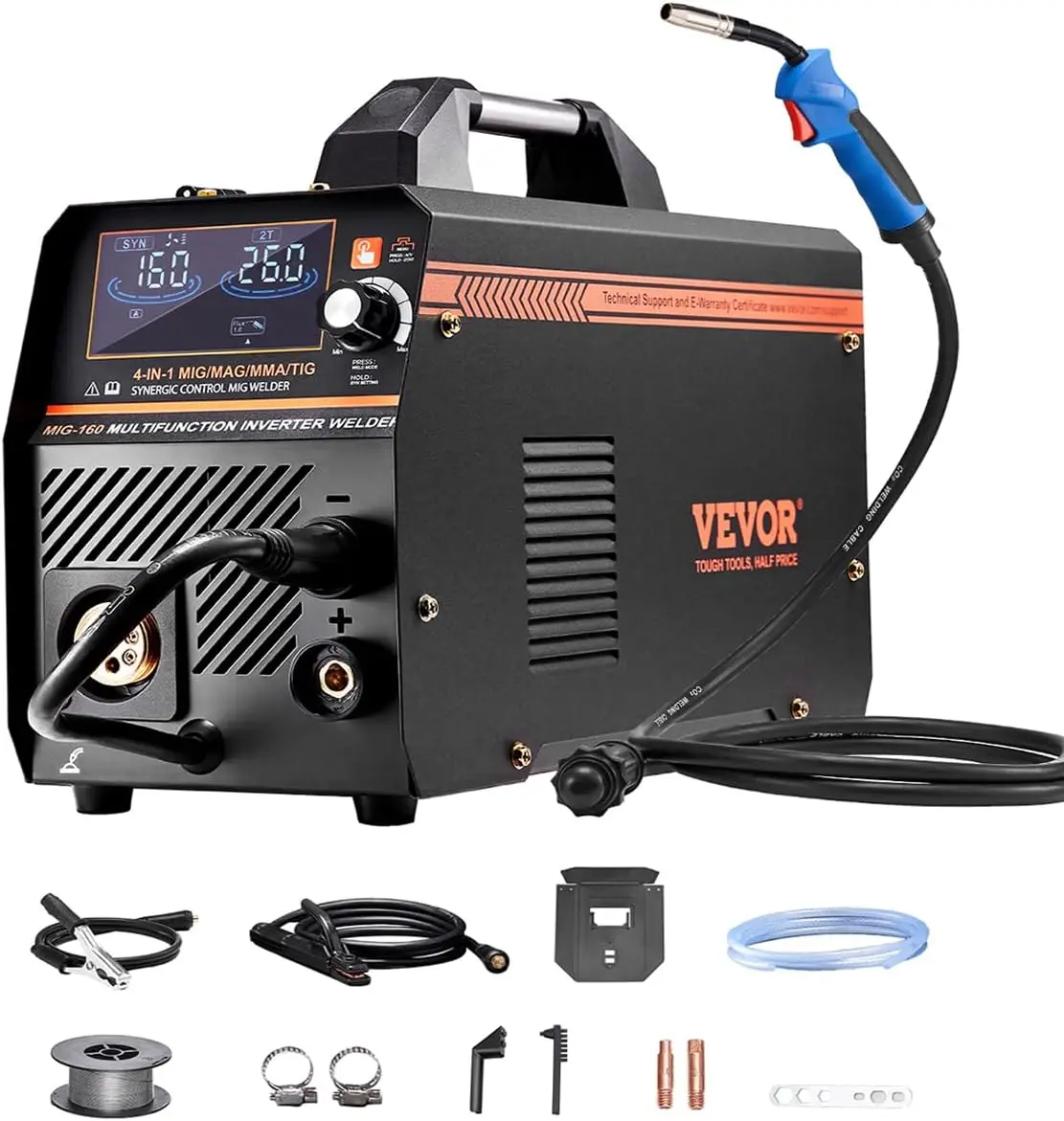 MIG Welder, 160A Synergic Mig Welding Machine, 4-in-1 Gas MIG/Flux Core MIG/Stick/Lift TIG Multi-Process Welder Machine, 110V/22