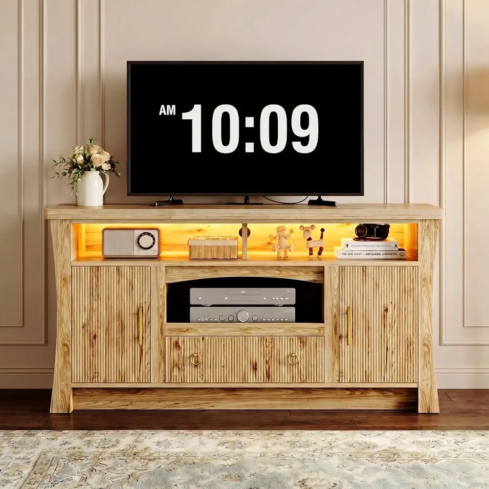 

65 TV Stand with Power Outlet, LED Lights, and Storage Cabinets for Living Room Entertainment