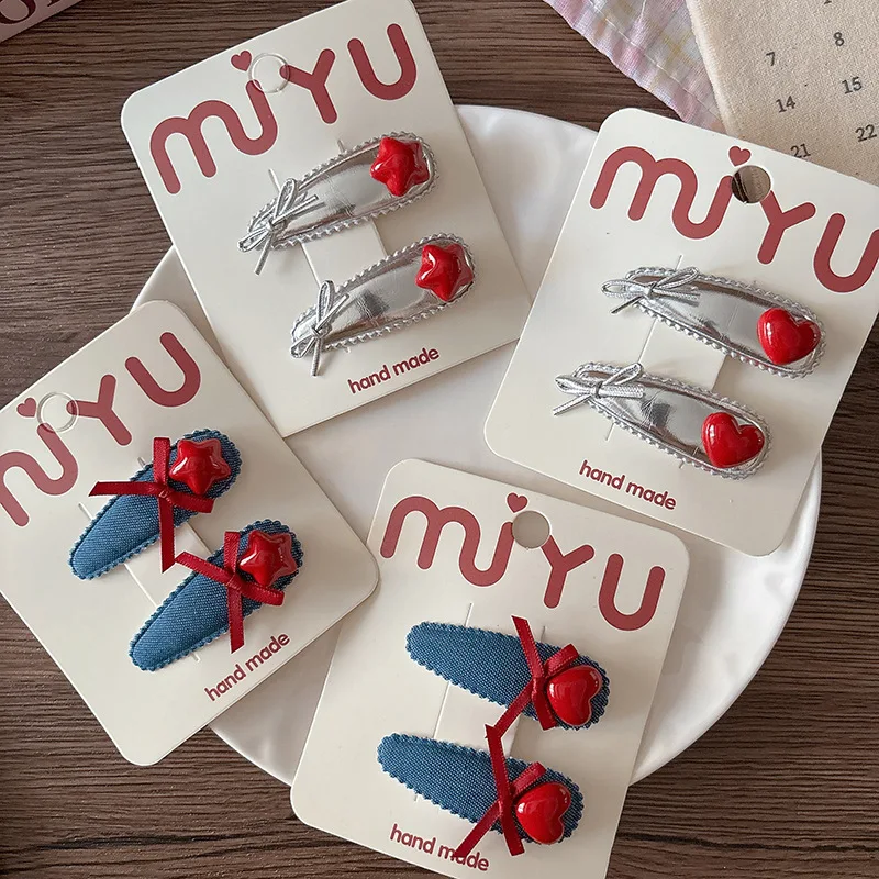 

2PC Baby Cotton Fabric Bow Hair Clips Denim Blue Star Heart Button BB Barrettes Girls Kids Fashion Headwear