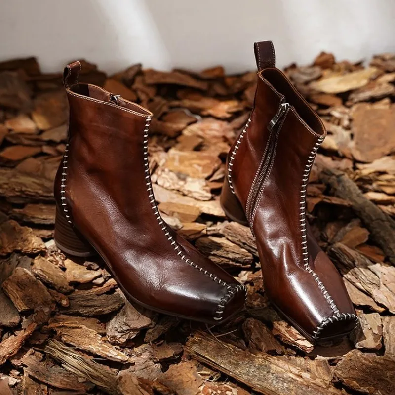 

Винтажные ботильоны, женская обувь, осенне-зимние модные ботинки из натуральной кожи с квадратным носком и боковой молнией, женские модные ботинки на высоком каблуке