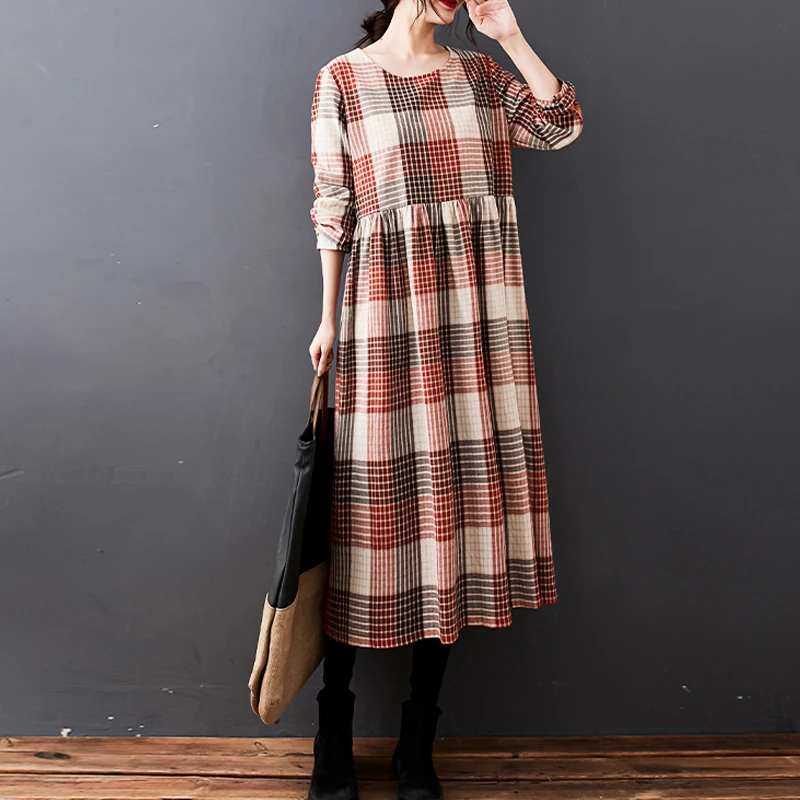 

Новинка 2025, осенне-зимние клетчатые женские платья, свободные повседневные хлопковые льняные женские платья больших размеров, хлопково-льняной женский халат KE1271