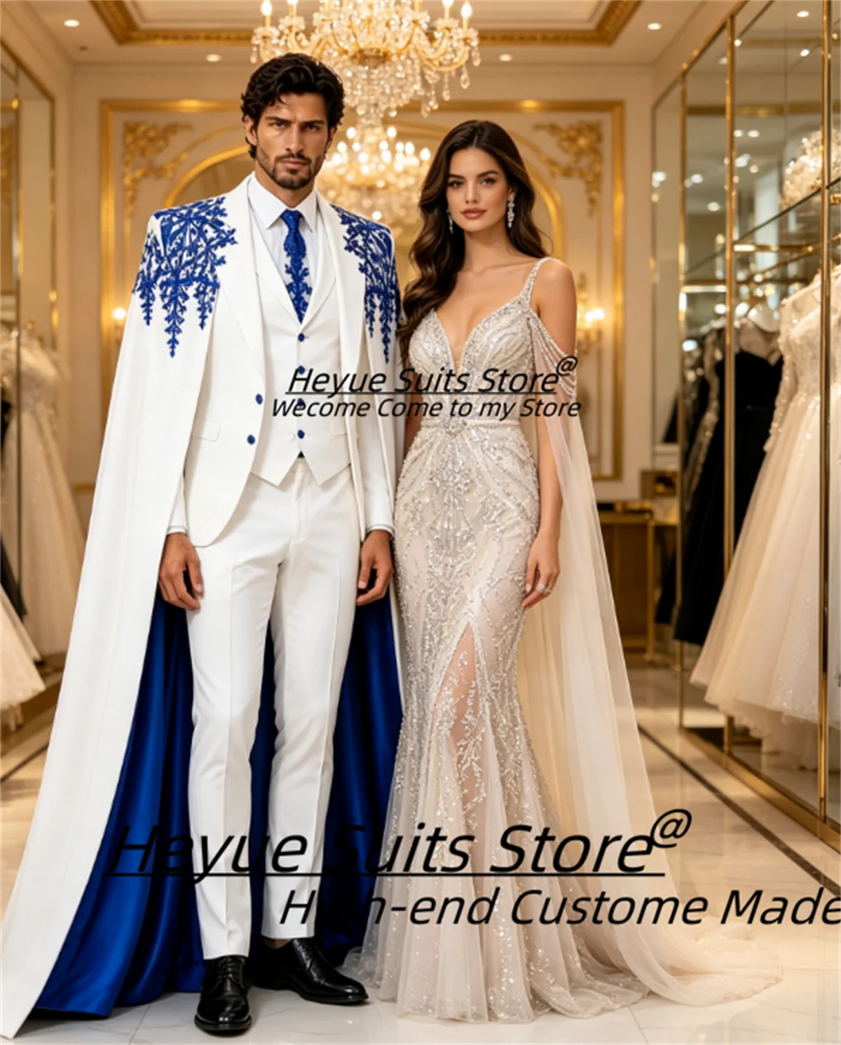 Customized White Suit With Long Cloak Blue Embroidery 3Pieces Sets Male Party Blazers Slim Fit Groom Wedding Tuxedos Ropa Hombre