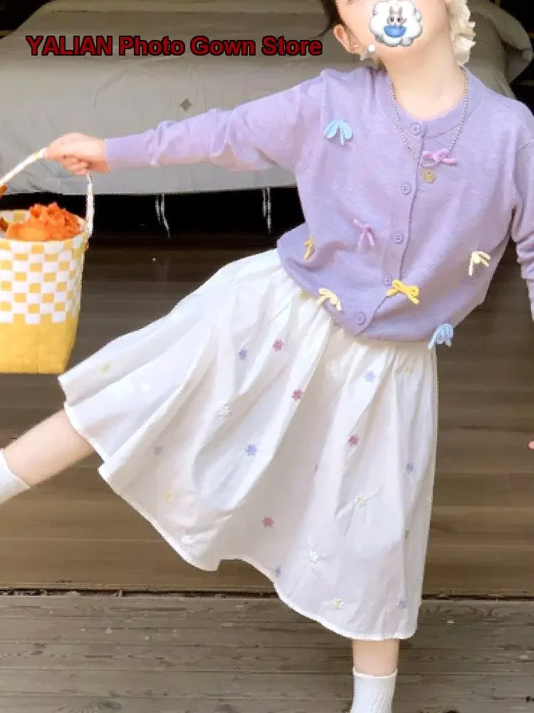 Girls Cardigan Spring Autumn Solid Color Knit Jacket Stylish Floral Half Skirt Kids