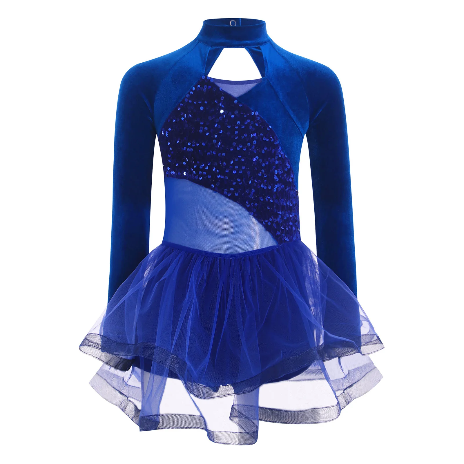 

Kid Girl Long Sleeves Figure Skating Dress Sequin Velvet Tutu Ballet Rhythmic Gymnastics Leotard Dance Competition Dress Costume