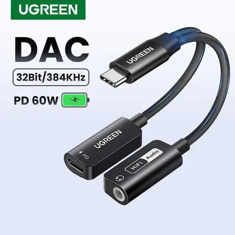 Tarjeta de sonido UGREEN, Chip DAC tipo C a adaptador de Cable auxiliar de 3,5mm, convertidor de auriculares, tarjeta de sonido de carga PD QC para auriculares