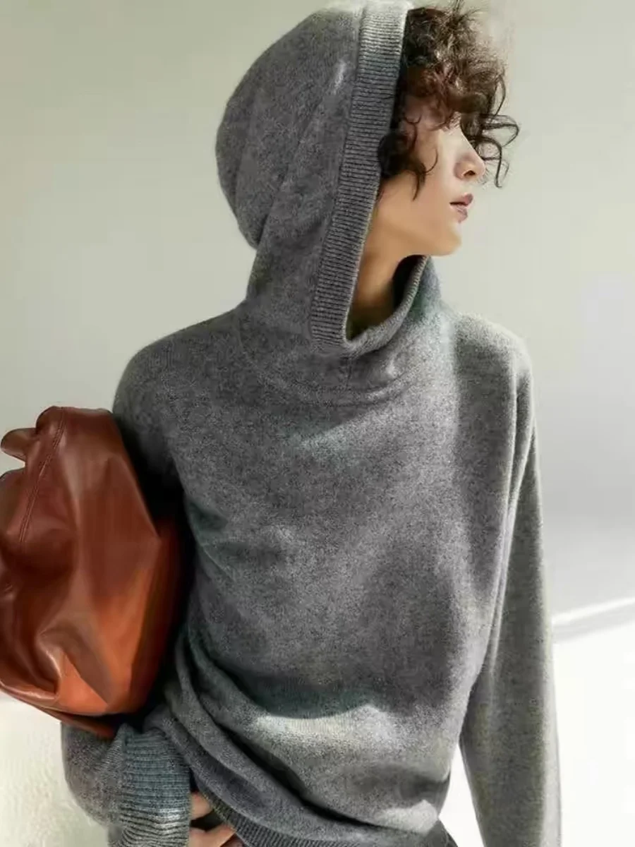 

Осень и зима, новый темпераментный свитер из 100% чистого кашемира, женский свободный повседневный вязаный свитер с капюшоном из кашемира.