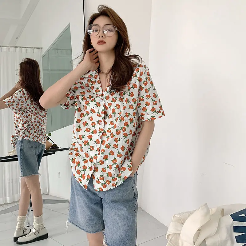 Women Clothing Vintage Printing Blouse Summer New Short Sleeve Loose All-match Floral Sweet Shirt Tops Fashion Casual Clothing