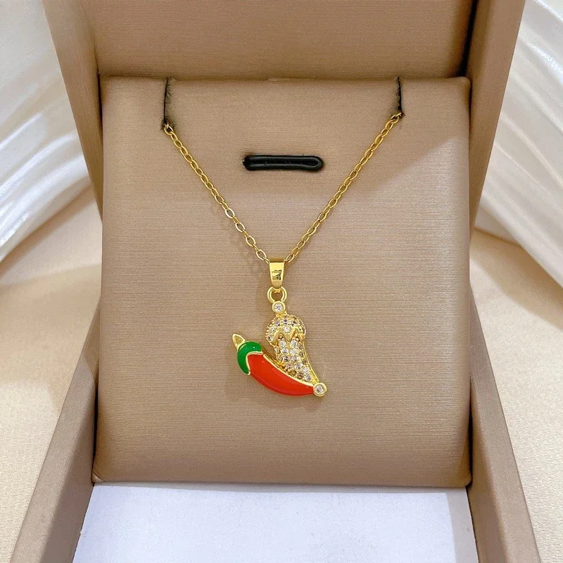 Trendy Shiny Gold Color Stainless Steel Full Zircon Colored Resin Drops Chili Pepper Necklace for Women Collarbone Chain Jewelry