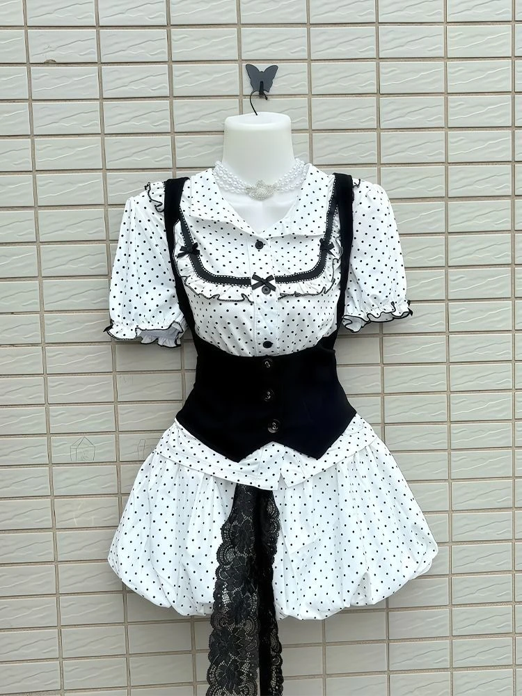 

New Summer Vintage Polka Dot Design 3 Piece Set Women Chic Y2k Tops + Black Vest + Mini Skirts Harajuku Aesthetic Lovely Outfits