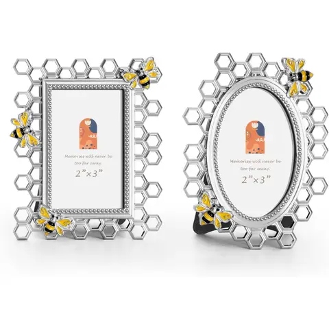 Bee Honeycomb Silver Mini 2x3 Inch Picture Photo Frame, Set of 2 for Tabletop Display Perfect for Home Decor, Xmas, Wedding, Gra