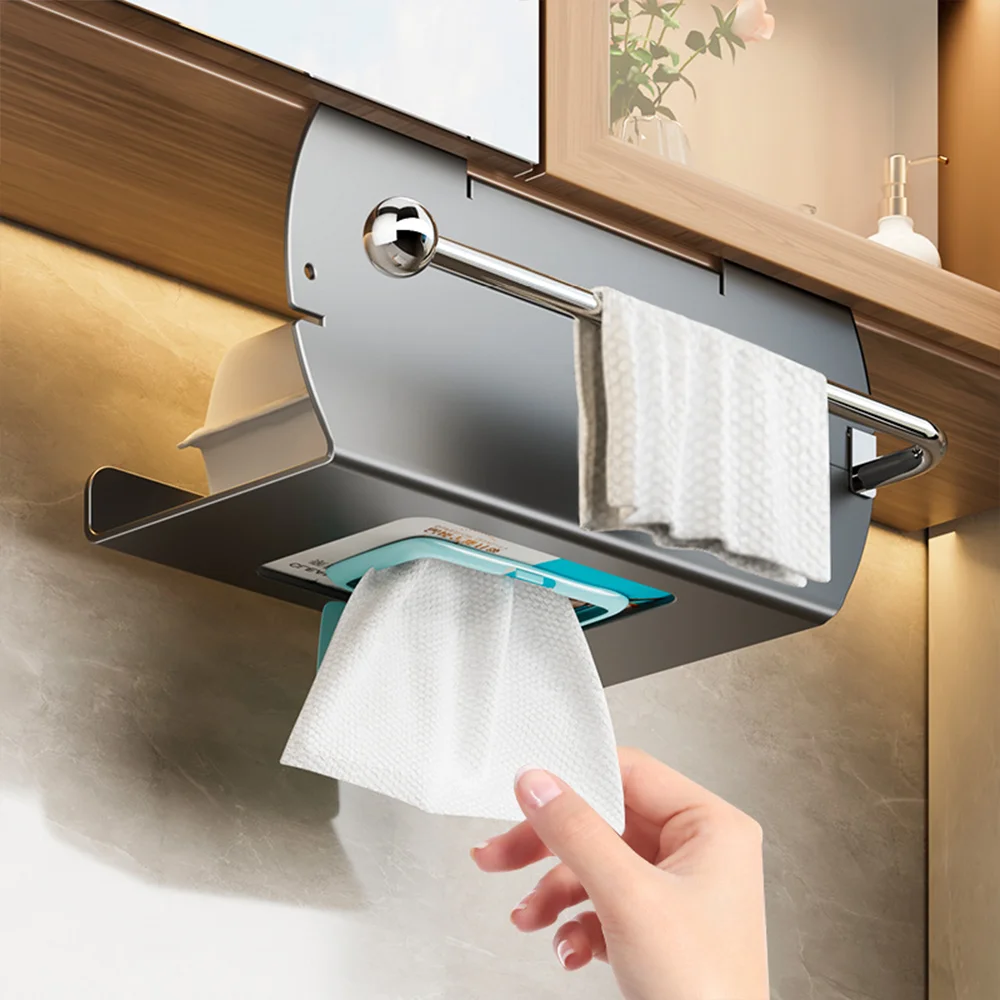 Grey Punch-Free Kitchen Under Cabinet Paper Towel Holder Hanging Toilet Roll Paper Holder Towel Rack Carbon Steel Storage Rack