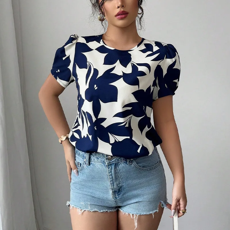 Novedad de verano 2025, camisas europeas y americanas de estilo de vacaciones para mujer, camisas tipo jersey estampadas, camisetas de manga corta para mujer