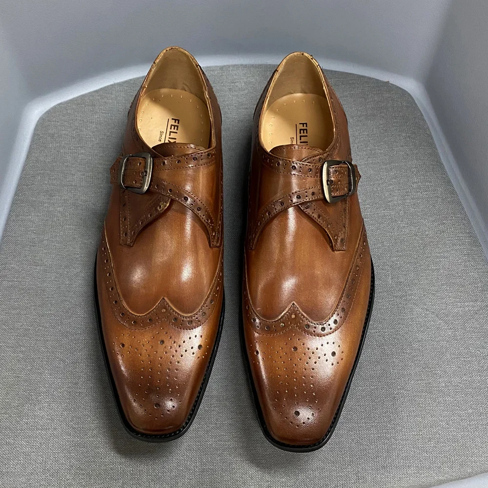 Men\'s Luxury Genuine Leather Wingtip Oxfords Italian Monk Strap Buckle Brogue Dress Shoes for Business Wedding Formal Wear