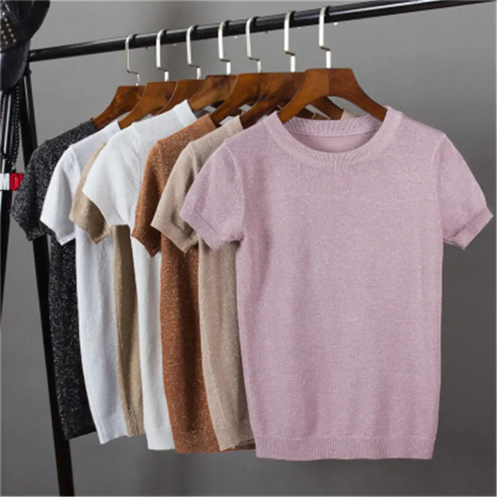 Fashion tops Lurex Knitted Women Shirts Spring Summer 2024 Solid Korean O Neck Short Sleeve Tees Casual Stretch Female Tops