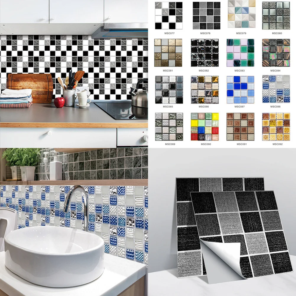 10Pcs 3D Mosaic Tile Stickers DIY Waterproof Self-Adhesive Wall Stickers Kitchen Bathroom Bedroom Home Decor Wall Decals