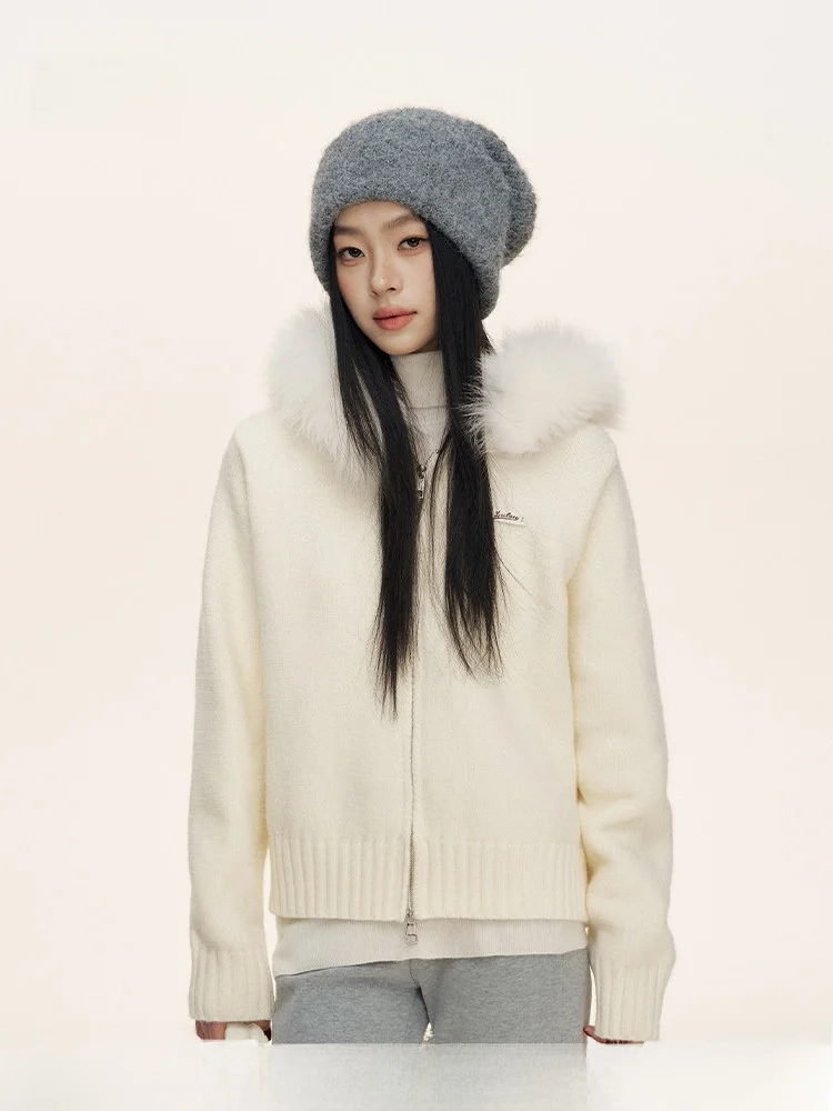 

Liilou mat Faux Fur Detachable Hooded Zipper Design Knitted Jaet Ladies Commute Sle Loose Fit Long Sve Coat