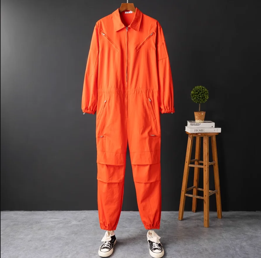 Spring Overalls Men's Jumpsuit Loose Long Sleeve Cotton Cargo Pants Blue Red Workwear Trousers Working Uniform Rompers Hip Hops