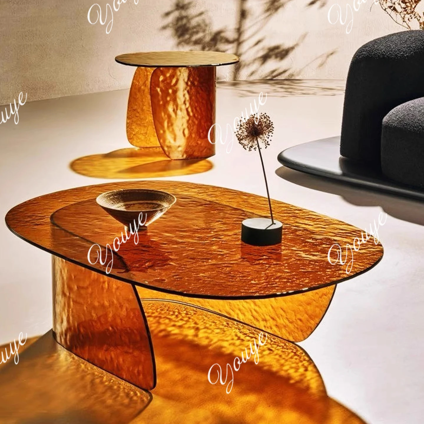 

Italian glass coffee table wabi-sabi wind special-shaped personalized living room tea table edge table hot melt process