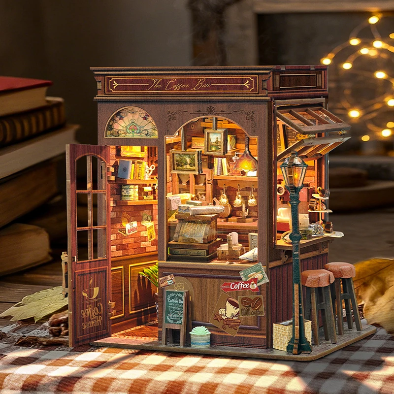 

DIY Wooden Miniature Model Kits Morning Mist Cafe Store 3D Puzzle Dollhouse With Furniture Lights for Friends Birthday Gifts