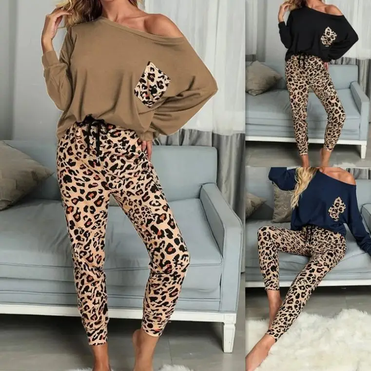 

Women's Home Faion Set Printed ket T-irt Pants Two-Piece Long Sve Winter Outfit Commute Sle Casual Wear