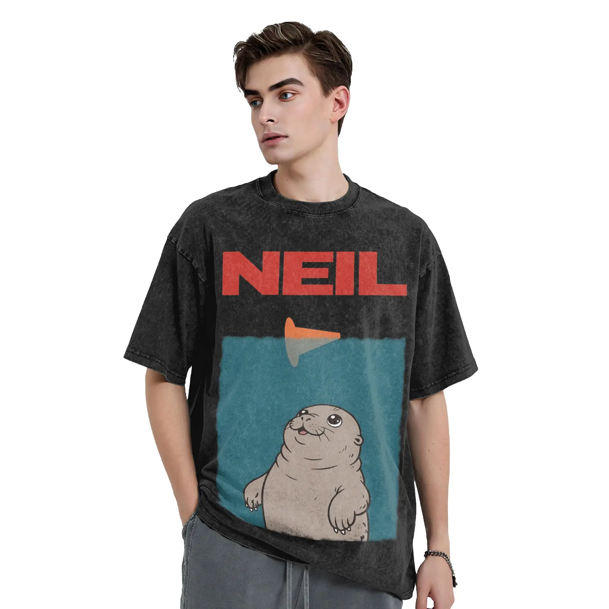 Washed T Shirt Neil The Seal Kawaii Hip Hop Retro T-Shirts Harajuku  Streetwear 100% Cotton Graphic Tops Tee Shirt Men Women