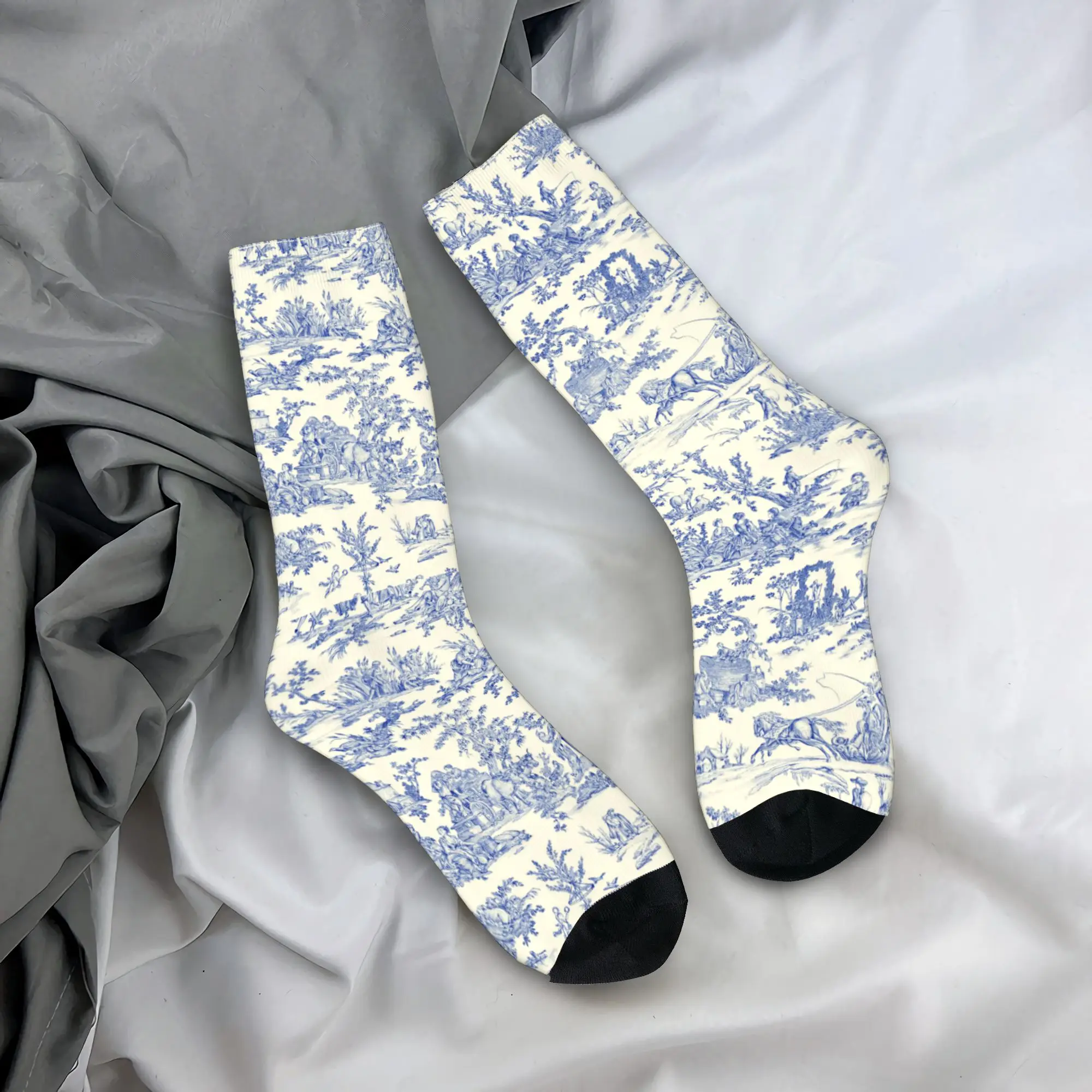 

Custom Traditional Navy Blue French Toile De Jouy Motif Pattern Crew Socks Fashion Spring Summer Autumn Winter Dress Socks