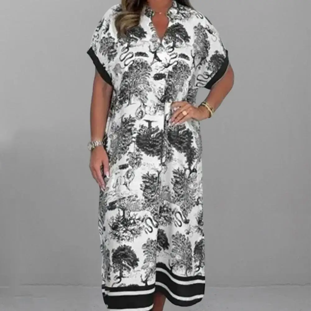 Women Dress Vintage Print V-Neck Short Sleeve Dress A-Line Loose Summer Dress