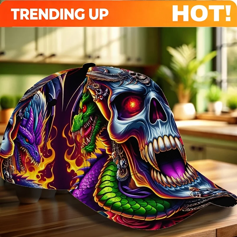 Custom New Arrival: 1 Fierce Skull-Print Hip-Hop Baseball Cap Adjustable, Breathable Casual Cap Perfect For Travel, Beach Partie
