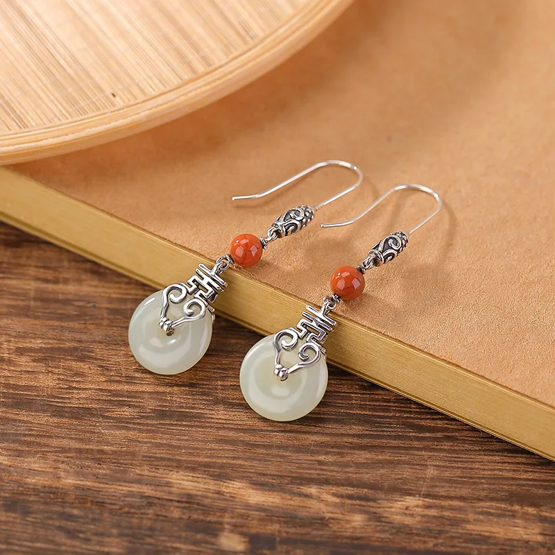 Amxiu Sterling Silver 925 Hetian Jade  Southern Red Ruyi Happy Word Peace Buckle Ethnic Style Chinese Ear Hook Earrings