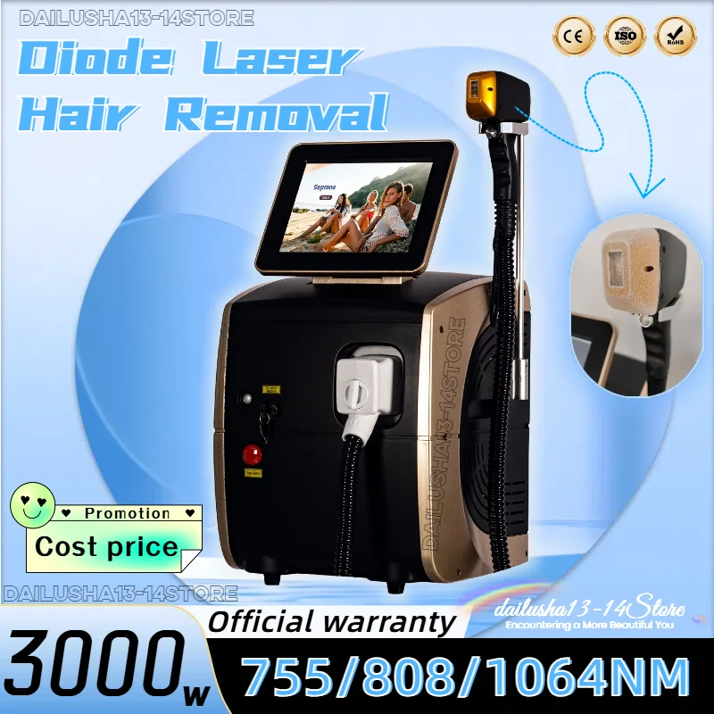 Professional 3000W Ice Titanium Diode Laser Hair Removal Machine Alexandrite Laser 808nm 755nm 1064nm CE Painless Epilator