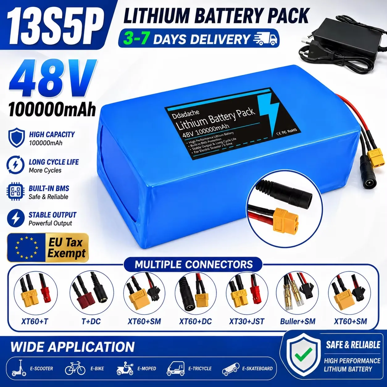 Batterie au lithium rechargeable 13S5P 48V 100000mAh, adaptée à la plupart des vélos électriques pliants, BMS intelligent intégré, moteur haute puissance 2000W + chargeur 54.6V