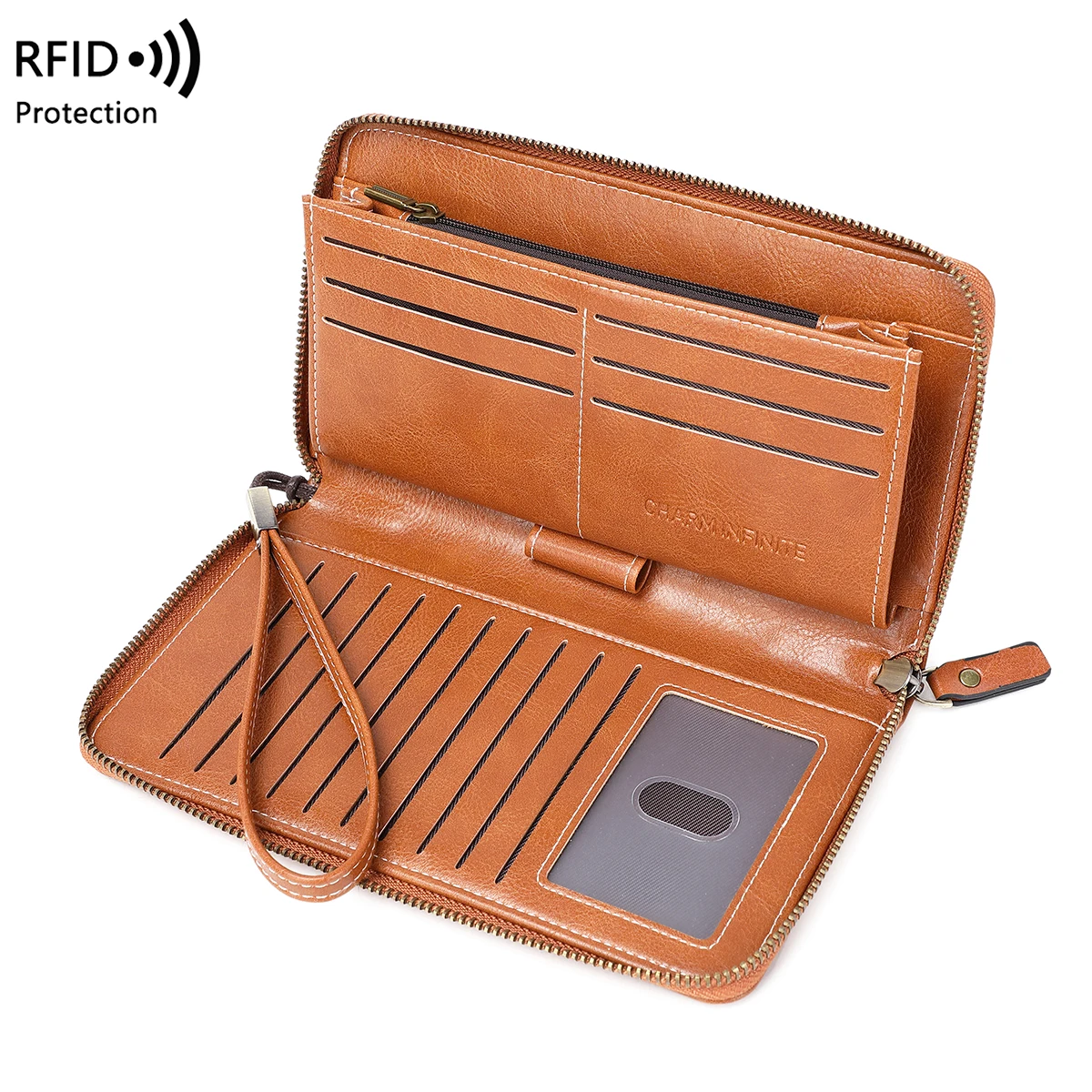 RFID Anti-Theft Brush Wallet for Women, Multi Slot, Vintage, Large Capacity, Multi-functional, Stylish Clutch with Wrist Strap