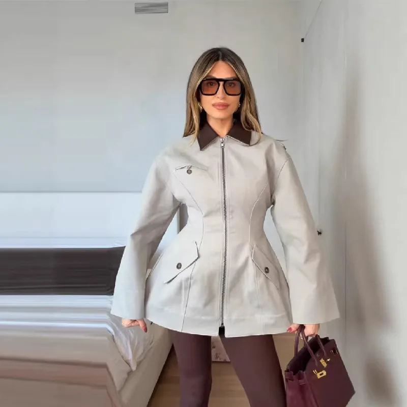 Color Clash Patchwork Tapered Waist Jacket Mint Green Lapel A-line Coat Zippers Casual Elegant Short Overcoats for Women Stylish