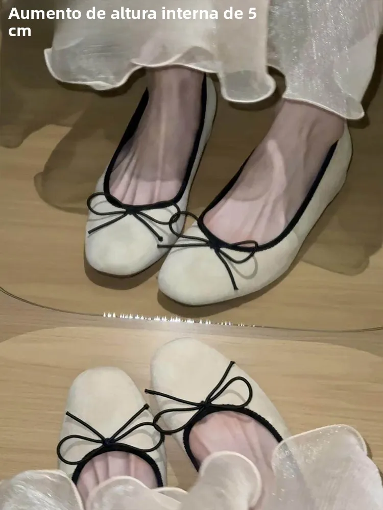 バレエフラットシューズ-レディース-ラウンドトゥ-ローカット-シングルシューズ-ノットデザイン-5cm高さアップ-インナーラバーソール-おしゃれ